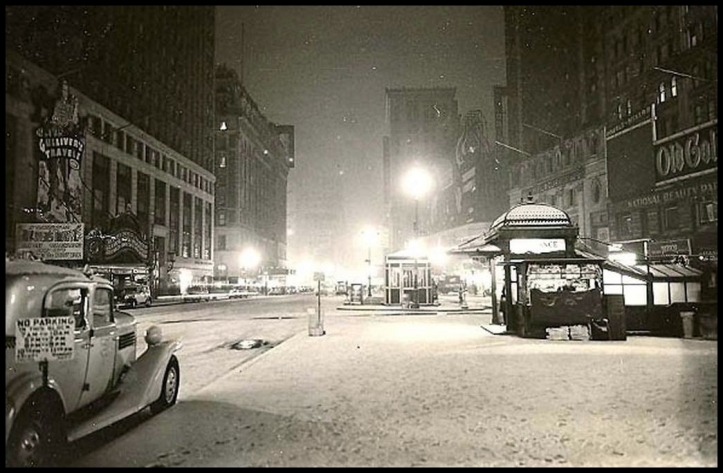 Times Square in snow, 1940